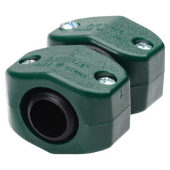 Two green, plastic spark plug wire separators. These automotive components have two holes each for organizing ignition cables and are secured with screws.