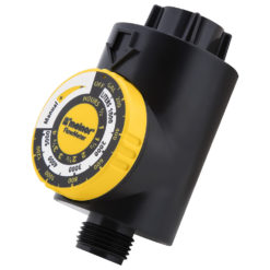 This image shows a black and yellow programmable hose faucet timer, possibly for a garden watering system, with a dial and an LCD display.