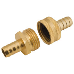 This image shows a pair of shiny, gold-colored brass garden hose fittings, one with male threads and the other with corresponding female threads.