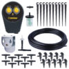 This image displays an irrigation system kit including a digital water timer, various connectors, a filter, a long hose, stakes, and drip emitters for watering plants.