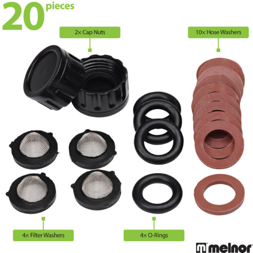 The image displays a 20-piece set of garden hose accessories by Melnor, including cap nuts, hose washers, filter washers, and O-rings against a white background.