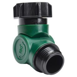 This image shows a green and black plastic ball valve with a threaded male connector on one end and a smooth female connector on the other.