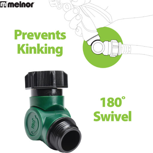 The image shows a green hose attachment with a 180-degree swivel feature that prevents kinking, branded by Melnor. There's a graphic of a hand connecting a hose.