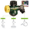 This image features a Melnor branded garden hose attachment with multiple outlets and valves, accompanied by illustrations showing different usage modes: Hand Wash, Bucket Fill, Hose Connection Hub.