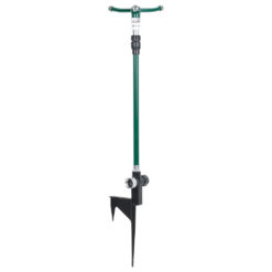 This is a manual lawn aerator with two spikes and a green handle, designed for aerating soil by stepping on the crossbar to push spikes into the ground.