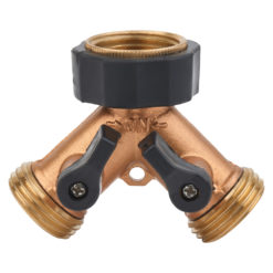 This image shows a brass Y-connector with two valves for hoses and a black ring at the single end, used mainly for garden hose splitting.