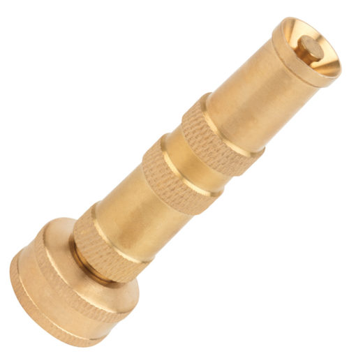 This image shows a brass hose nozzle with a cylindrical shape, knurled grip sections, and a tapered end for controlling water flow.