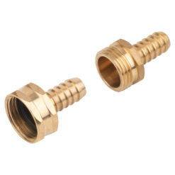 The image shows two brass hose fittings with barbed ends for connecting hoses and threaded interiors for attaching to faucets or equipment, on a white background.