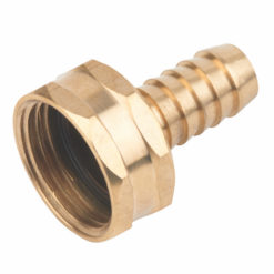 This is an image of a brass hose barb fitting with a female threaded connector on one end and a barbed end for attaching a hose on the other.