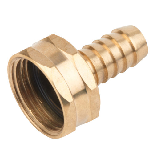 This is an image of a brass hose barb fitting with a female threaded connector on one end and a barbed hose tail on the other.