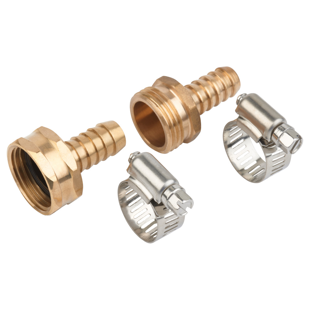 The image depicts three brass garden hose fittings with threaded connectors and two metal clamps, isolated on a white background, for hose attachment.