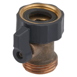 This is an image of a brass hose fitting with a hexagonal black knob for tightening and a male threaded end for attachment to a hose or faucet.