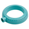 This image shows a circular, turquoise inflatable pool ring with multiple black puncture holes and a nozzle for inflating or deflating the ring.