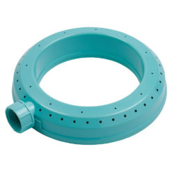 This image shows a circular, turquoise inflatable pool ring with multiple black puncture holes and a nozzle for inflating or deflating the ring.