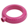 This image shows a pink inflatable swimming ring with multiple air holes around the perimeter and a valve for inflation or deflation isolated on a white background.