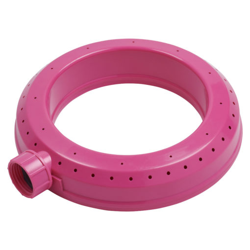 This image shows a pink inflatable swimming ring with multiple air holes around the perimeter and a valve for inflation or deflation isolated on a white background.