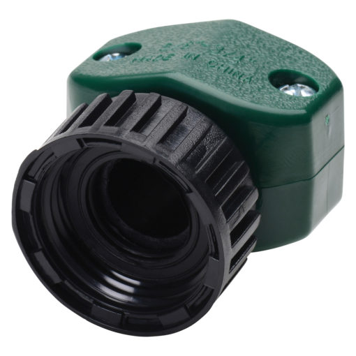 This is a photograph of a green and black plastic electrical junction box with a circular threaded opening and mounting holes on its surface.