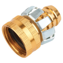 The image shows a brass garden hose connector with a threaded female end, a grippable knurled outer surface, and a quick-release male adaptor.