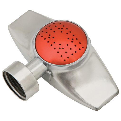 This image shows a metallic pasta strainer attachment with a red perforated surface for straining liquids from food, typically used with a kitchen mixer.