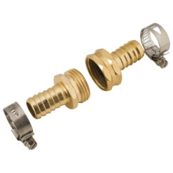 This image shows a set of brass garden hose fittings, including male and female connectors, alongside stainless steel hose clamps, isolated on a white background.