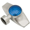 This image shows a metallic, silver-coloured T-shaped pipe with a blue perforated filter inside, likely a part used in plumbing or irrigation systems.