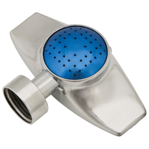 This image shows a metallic, silver-coloured T-shaped pipe with a blue perforated filter inside, likely a part used in plumbing or irrigation systems.