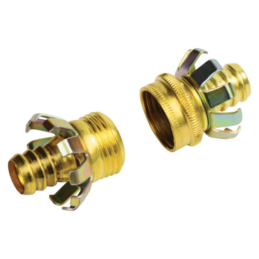 This image shows two brass garden hose connectors lying on a white background. One is upright, and the other is tilted on its side.