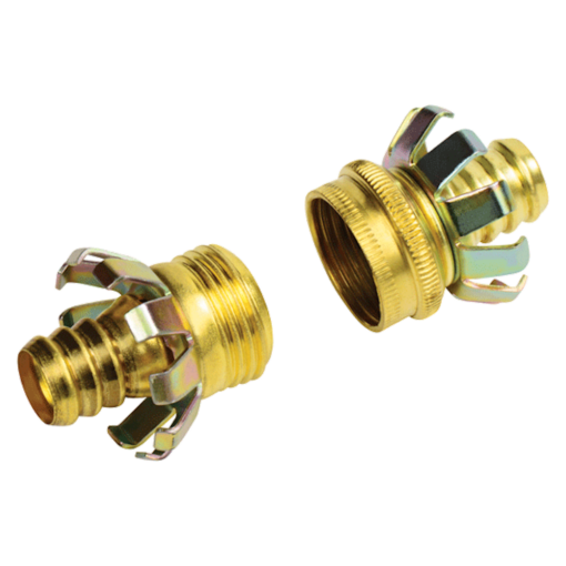 The image shows two brass hose connectors with threaded ends for attaching a garden hose to a spigot, displaying male and female coupling ends.