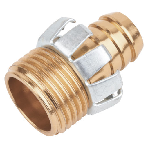 This is an image of a brass garden hose quick connect adapter with a male threaded end and a releasing latch, typically used for attaching hoses easily.