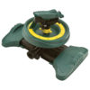 This image shows a green and yellow rotating lawn sprinkler with multiple nozzles and adjustable arms for watering gardens. No people are visible.