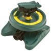 This is a circular, green and yellow lawn sprinkler with a black top, designed for watering gardens. It has adjustable nozzles and a hose connector.