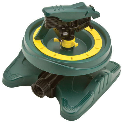 This is a circular, green and yellow lawn sprinkler with a black top, designed for watering gardens. It has adjustable nozzles and a hose connector.