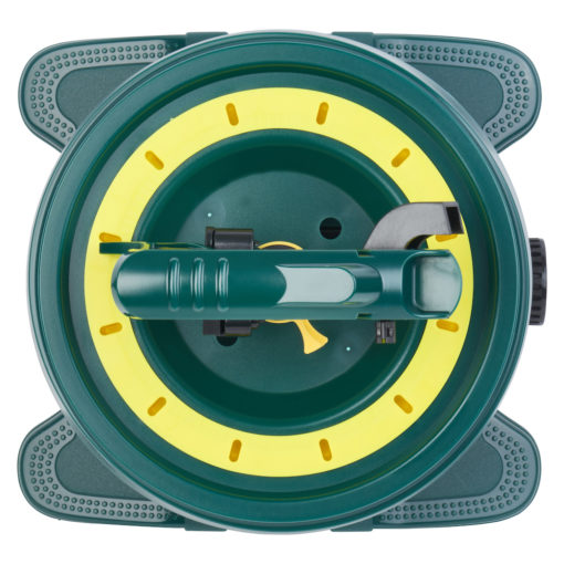 This image shows a top view of a green and yellow circular robotic vacuum cleaner with a centrally located roller brush and textured side bumpers.