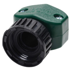 This is a green and black plastic electrical junction box with a threaded opening, typically used for connecting wires in a secure and safe manner.