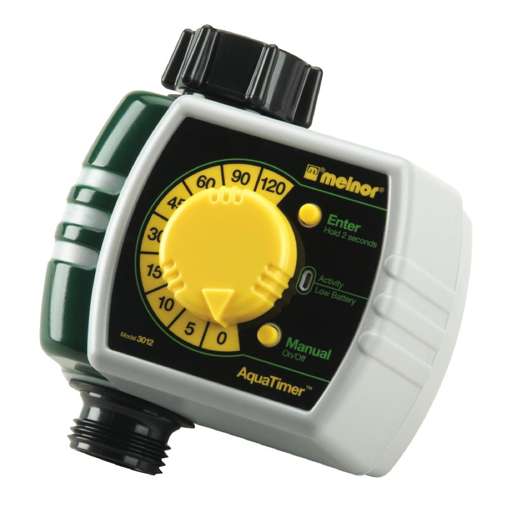 This image shows a digital watering timer called "AquaTimer" by Melnor, featuring a yellow dial, digital display, manual control button, and hose connector.