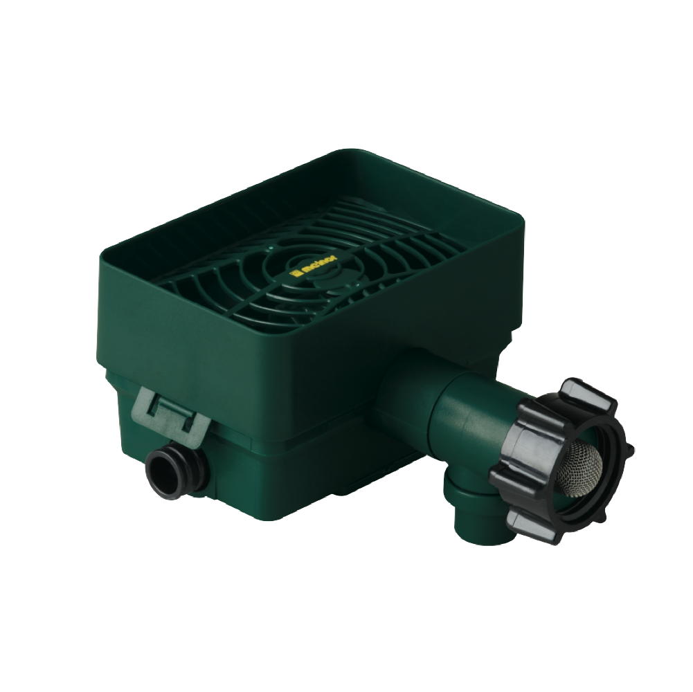 This image shows a green plastic pond or pool pump. It has an angled outlet with a screw-on cap, a strainer, and a top grille cover.