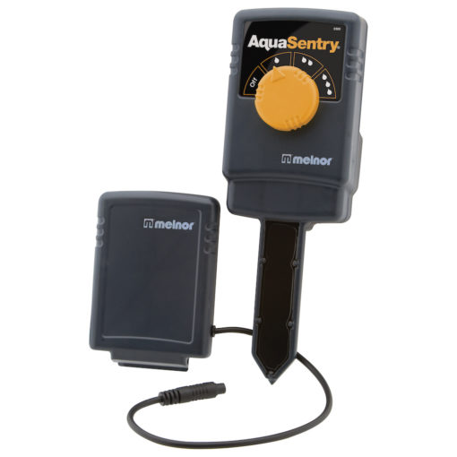 This image shows an electronic device called AquaSentry by Melnor, which likely serves as a moisture meter or irrigation control for gardening purposes, with a detachable sensor.