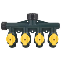 This image shows a four-way garden hose splitter with individual yellow valves on each outlet, mounted on a dark green body with a black top connector.