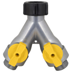 This is a Y-shaped hose splitter with two yellow valves and black levers for controlling water flow. It has silver-colored metal finishes and thread connectors.