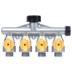 This is a four-way metal garden hose splitter with individual valves. It has a central connector and four threaded outlets with yellow levers and black caps.