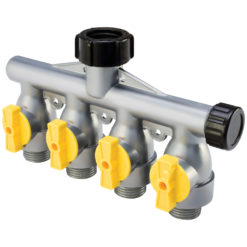 This is a four-way garden hose manifold. It has four yellow valves, a black connector on top, and is made of silver-colored metal, likely for water distribution.