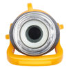 This image shows a close-up of a yellow and silver-colored object with a circular front element, resembling the nozzle part of a small device or tool.