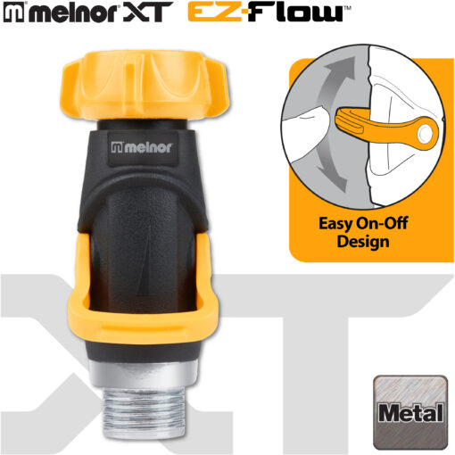 This is an image of a Melnor XT EZ-Flow hose nozzle with an easy on-off design, predominantly orange and black, with a metal connector.