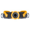 This image shows a front view of a black and yellow sprinkler with two silver nozzles and a central connector against a white background.