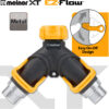 This is a promotional image featuring a Melnor XT metal EZ-Flow hose connector with two outlets, a central valve control, and threaded ends for attachment.