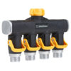 This image displays a four-way hose splitter by Melnor, with black and yellow levers and four threaded outlets, against a white background.