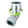 This image shows a metallic pipe fitting with a male threaded end and a bent female threaded end, marked by a green 