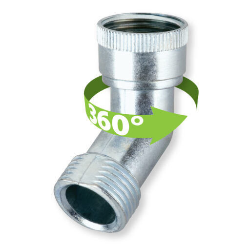 This image shows a metallic pipe fitting with a male threaded end and a bent female threaded end, marked by a green "360°" arrow indicating rotation or versatility.