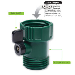 This is a green garden hose connector with a built-in shut-off valve. It features durable ABS construction and a reminder to check the washer to avoid leaks.