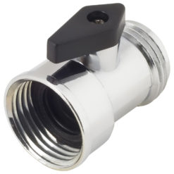 The image shows a shiny metal quarter-turn angle valve with a black lever on top, typically used for water flow control in plumbing installations.